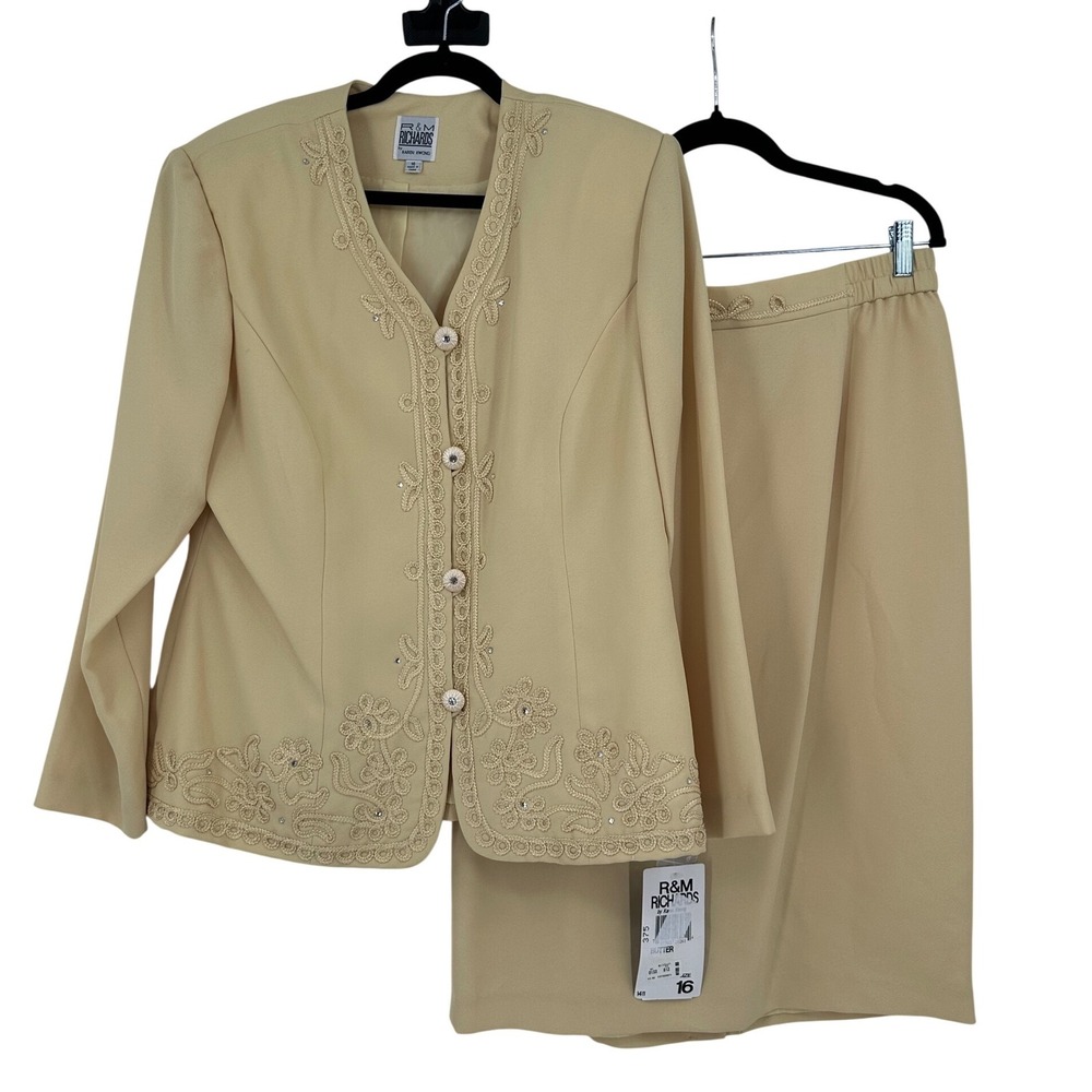 R&M Richards Karen‎ Kwong Butter NWT Soutache Skirt Suit Set Rhinestone 16 VTG